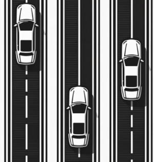 An illustration of 3 cars proceeding down parallel lanes on a highway, assumed to have started at the same time. From each's perspective, the other cars are too fast or too slow, and they themselves are just right