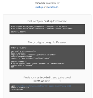 A screenshot of the Panamax-RS web interface. It has instructions on how to set up Panamax.