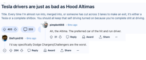 A collage of Reddit comments claiming drivers of different cars are the worst drivers