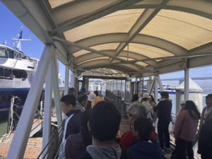 A view of lines waiting for the ferry to Angel Island and Tiburon at Gate C of the SF Ferry Building